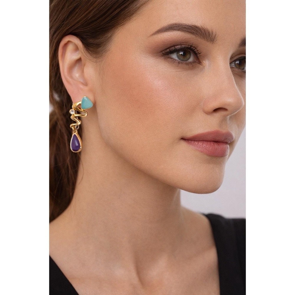 VINTAGE TEAL‎ & PURPLE ENAMEL RHINESTONE  DANGLE  EARRINGS (avon?) 1.5" Long